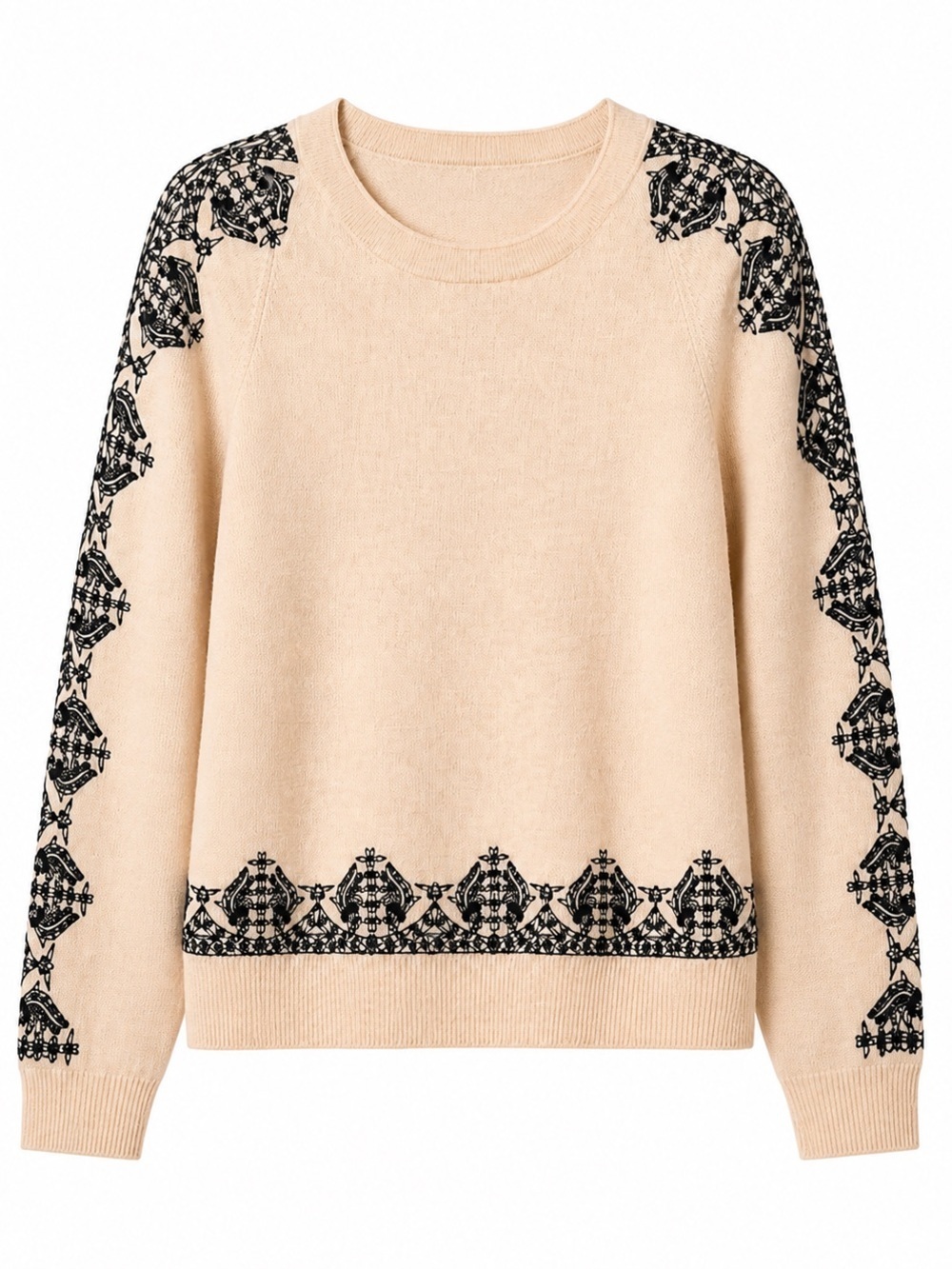 J Crew Women’s,Peach Cream/Black Marino Wool,Embroidered Sweater.Size-Small.